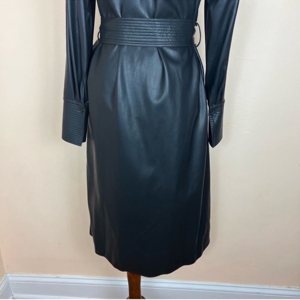 New! GRACIA Puff Sleeve Belted Faux Vegan Leather Trench Coat Midi Dress - Picture 9 of 11